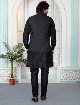 Black jacquard 3 peice kurta jacket set for men 3