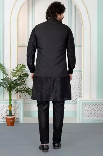 Black jacquard 3 peice kurta jacket set for men