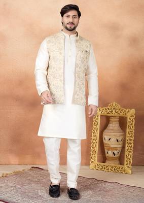 Beige jacquard 3 peice kurta jacket set for men 1