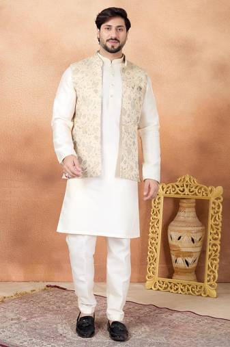 Beige jacquard 3 peice kurta jacket set for men