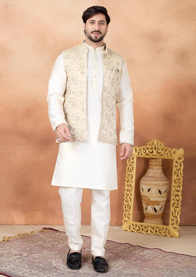 Beige jacquard 3 peice kurta jacket set for men