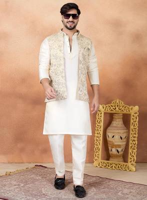 Beige jacquard 3 peice kurta jacket set for men 2