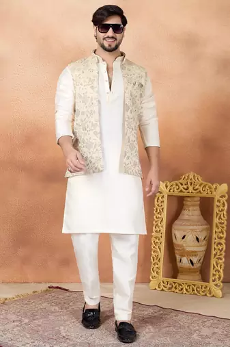 Beige jacquard 3 peice kurta jacket set for men