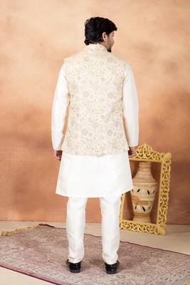 Beige jacquard 3 peice kurta jacket set for men 3