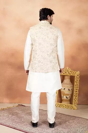 Beige jacquard 3 peice kurta jacket set for men