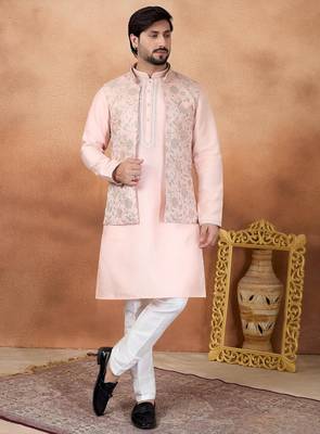 Pink jacquard 3 peice kurta jacket set for men 1