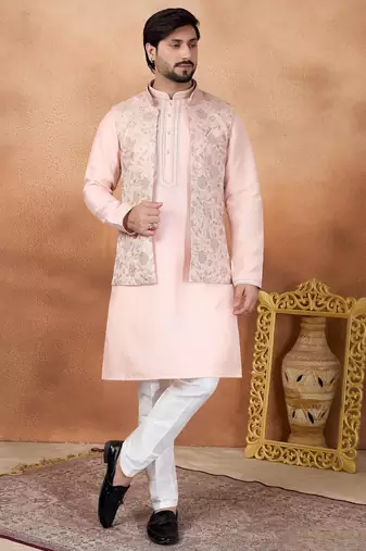 Pink jacquard 3 peice kurta jacket set for men