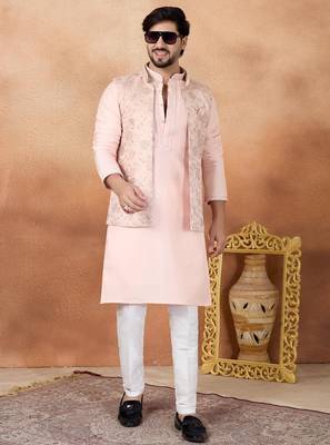 Pink jacquard 3 peice kurta jacket set for men 2