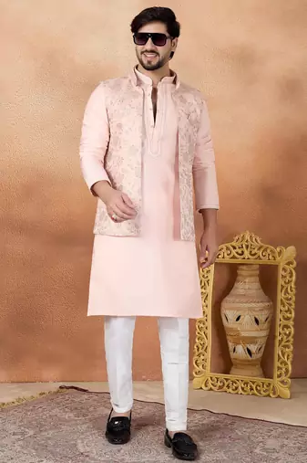 Pink jacquard 3 peice kurta jacket set for men