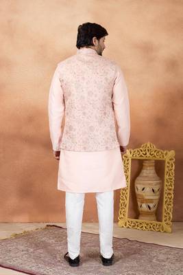 Pink jacquard 3 peice kurta jacket set for men 3