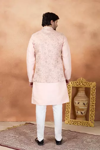 Pink jacquard 3 peice kurta jacket set for men