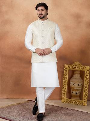 Cream jacquard 3 peice kurta jacket set for men 1