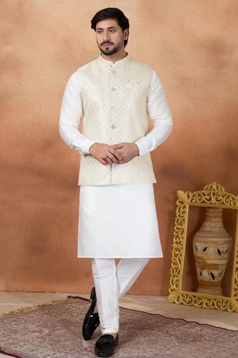 Cream jacquard 3 peice kurta jacket set for men