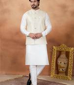 Cream jacquard 3 peice kurta jacket set for men