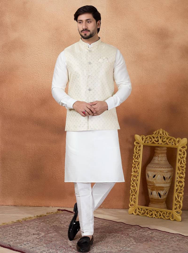 Cream jacquard 3 peice kurta jacket set for men
