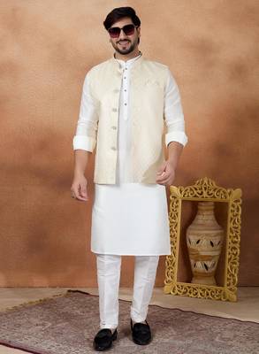 Cream jacquard 3 peice kurta jacket set for men 2