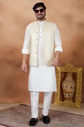 Cream jacquard 3 peice kurta jacket set for men