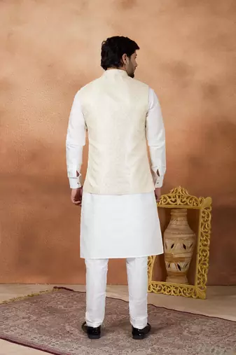 Cream jacquard 3 peice kurta jacket set for men