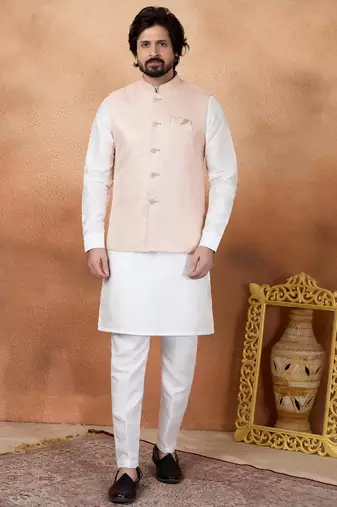 Pink jacquard 3 peice kurta jacket set for men