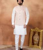 Pink jacquard 3 peice kurta jacket set for men
