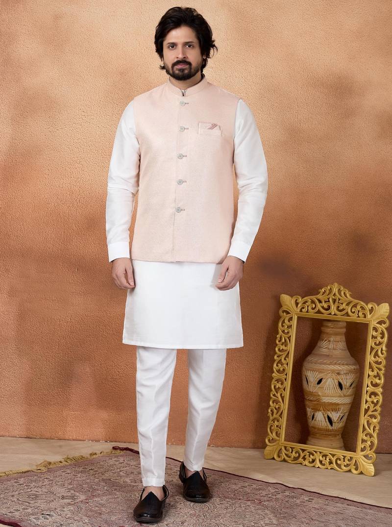 Pink jacquard 3 peice kurta jacket set for men