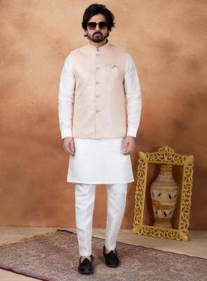 Pink jacquard 3 peice kurta jacket set for men 2