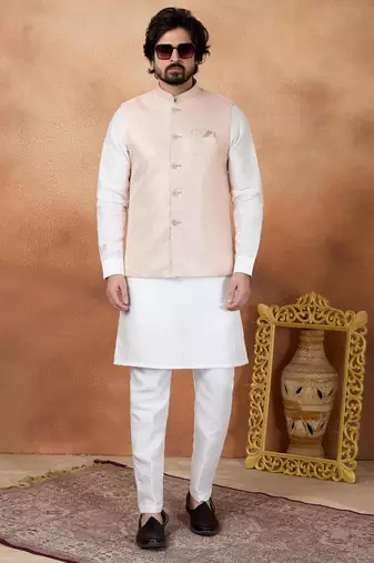 Pink jacquard 3 peice kurta jacket set for men