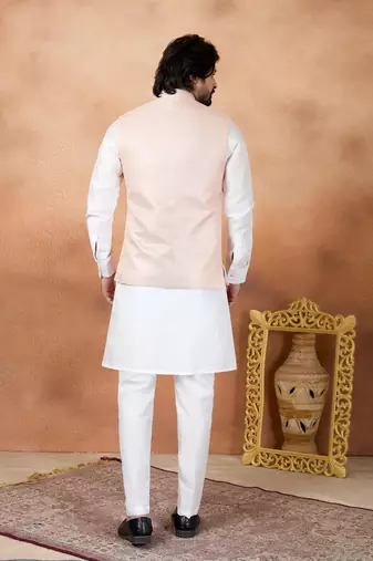 Pink jacquard 3 peice kurta jacket set for men