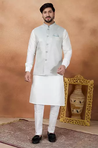 Blue jacquard 3 peice kurta jacket set for men