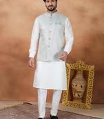 Blue jacquard 3 peice kurta jacket set for men