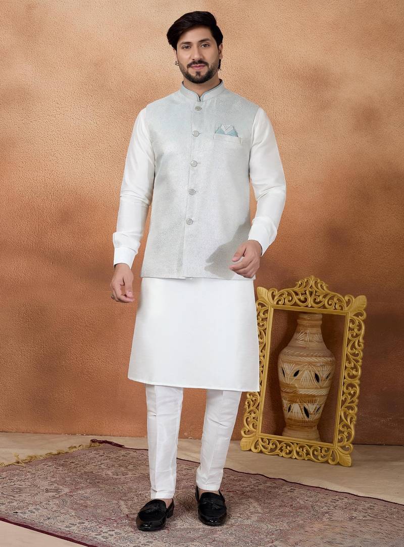 Blue jacquard 3 peice kurta jacket set for men