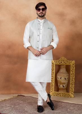Blue jacquard 3 peice kurta jacket set for men 2