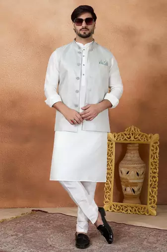 Blue jacquard 3 peice kurta jacket set for men