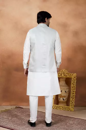 Blue jacquard 3 peice kurta jacket set for men