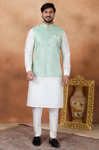 Green jacquard 3 peice kurta jacket set for men