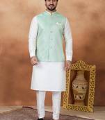 Green jacquard 3 peice kurta jacket set for men