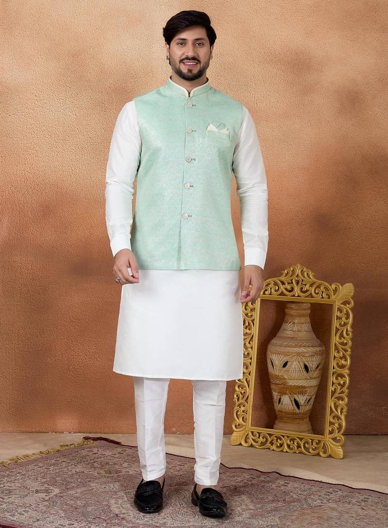 Green jacquard 3 peice kurta jacket set for men
