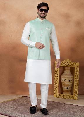 Green jacquard 3 peice kurta jacket set for men 2