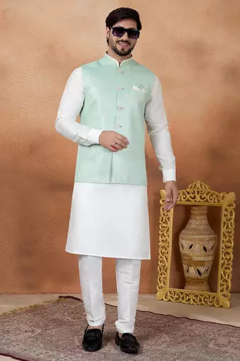 Green jacquard 3 peice kurta jacket set for men