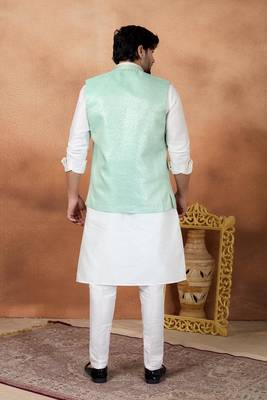 Green jacquard 3 peice kurta jacket set for men 3