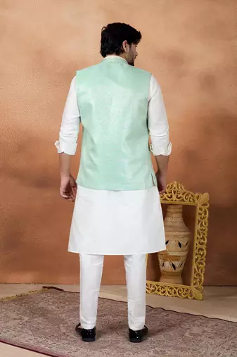 Green jacquard 3 peice kurta jacket set for men