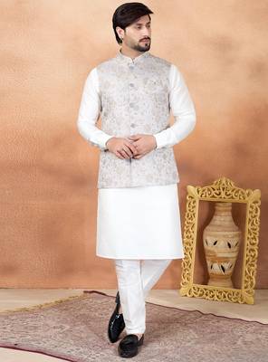 Grey jacquard 3 peice kurta jacket set for men 1