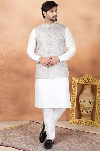 Grey jacquard 3 peice kurta jacket set for men