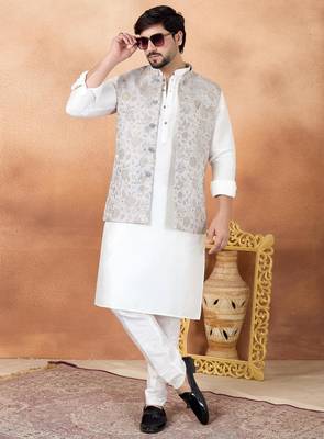 Grey jacquard 3 peice kurta jacket set for men 2