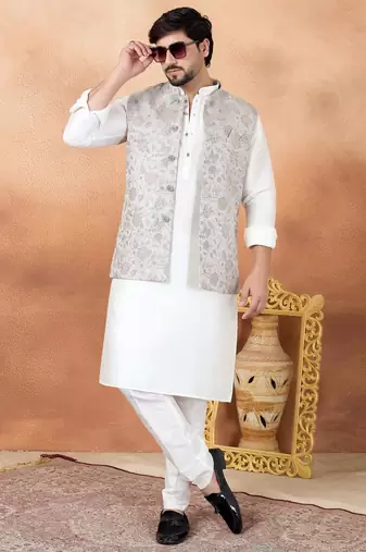 Grey jacquard 3 peice kurta jacket set for men