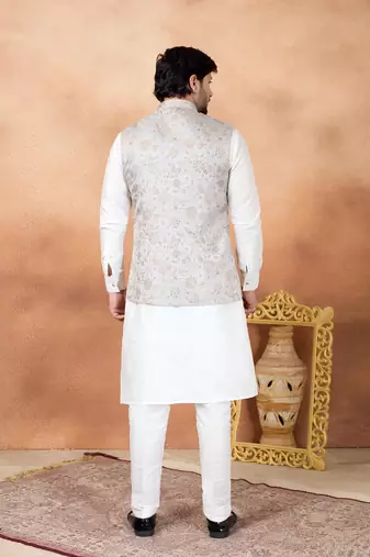Grey jacquard 3 peice kurta jacket set for men