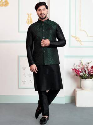 Green jacquard 3 peice kurta jacket set for men 1