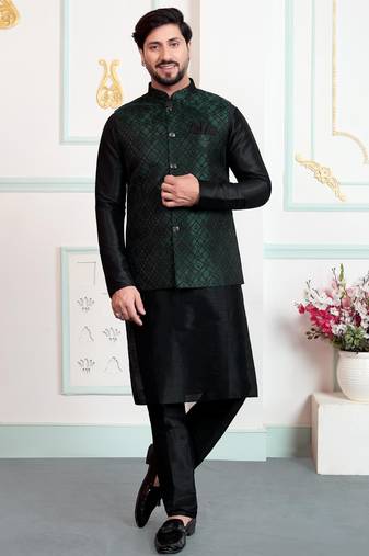 Green jacquard 3 peice kurta jacket set for men