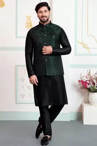 Green jacquard 3 peice kurta jacket set for men