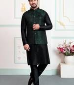 Green jacquard 3 peice kurta jacket set for men